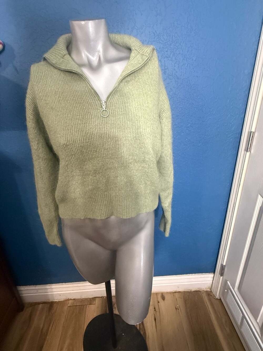 Quince Wool Alpaca Sweater M Sage Green Quarter Zip Ribbed Oversized Collar
